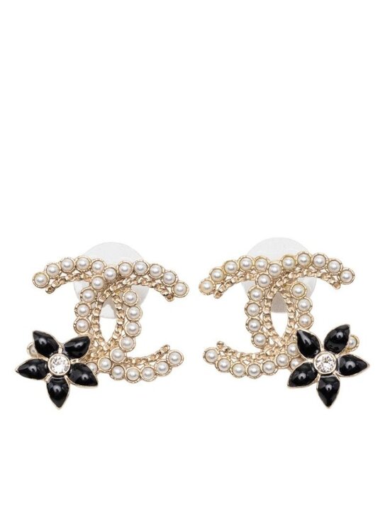 Chanel Jewelry - Chanel CC Logo Flower Stud Earrings Gold Black Faux Pearl Rhinestone Plated